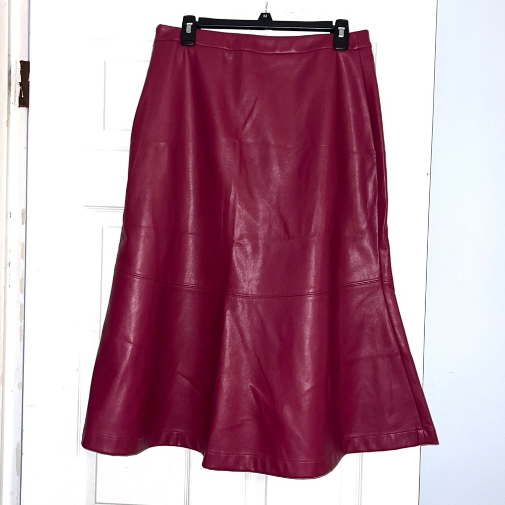INC International Concepts Berry Burgundy Faux Leather Trumpet A-line Midi Skirt - Picture 6 of 12